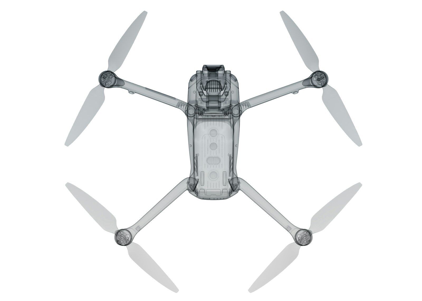 A transparent drone with four propellers on white background