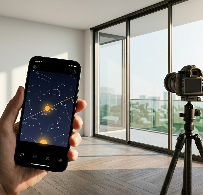 Architectural and interior design photography - checking sun path with SkyView app