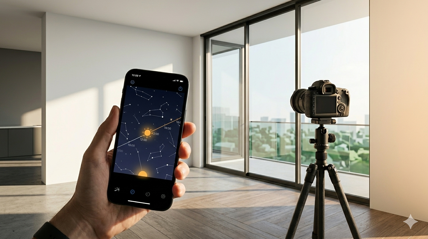 Architectural and interior design photography - checking sun path with SkyView app